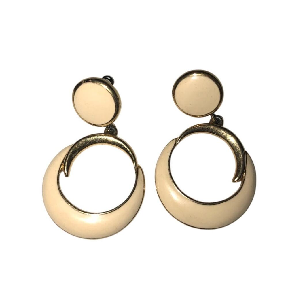Trifari Pierced Earrings Circular Drop Cream or Ivory Gold Tone
